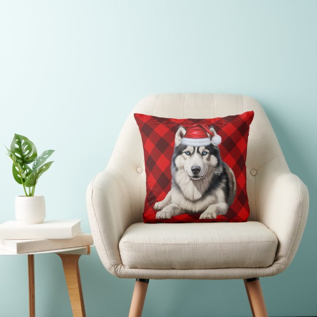 Coussin Sibérie Husky Chien Buffalo Plaid Noël (Chaise)