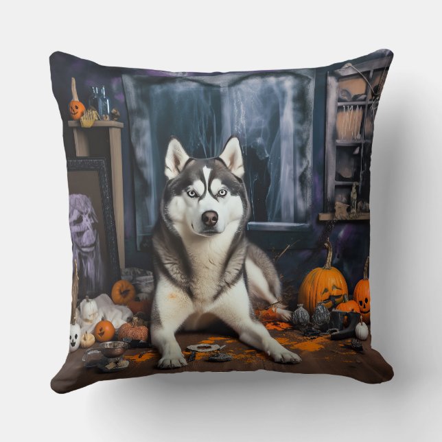 Coussin Sibérie Husky Citrouille Halloween effrayant (Verso)