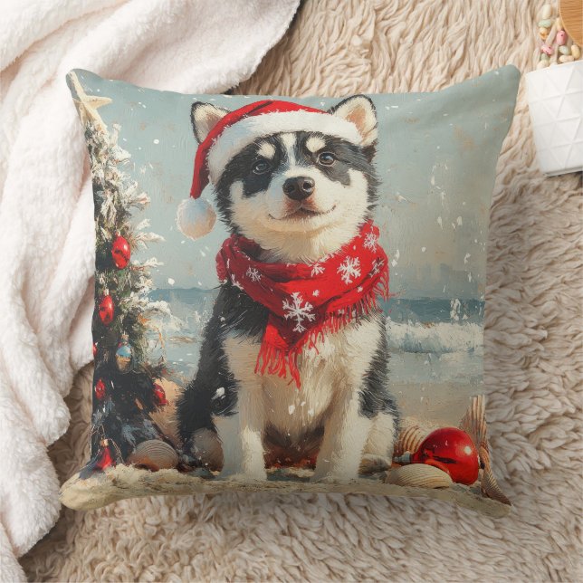 Coussin Sibérie Husky Dog Noël Plage Vintage (Couverture)
