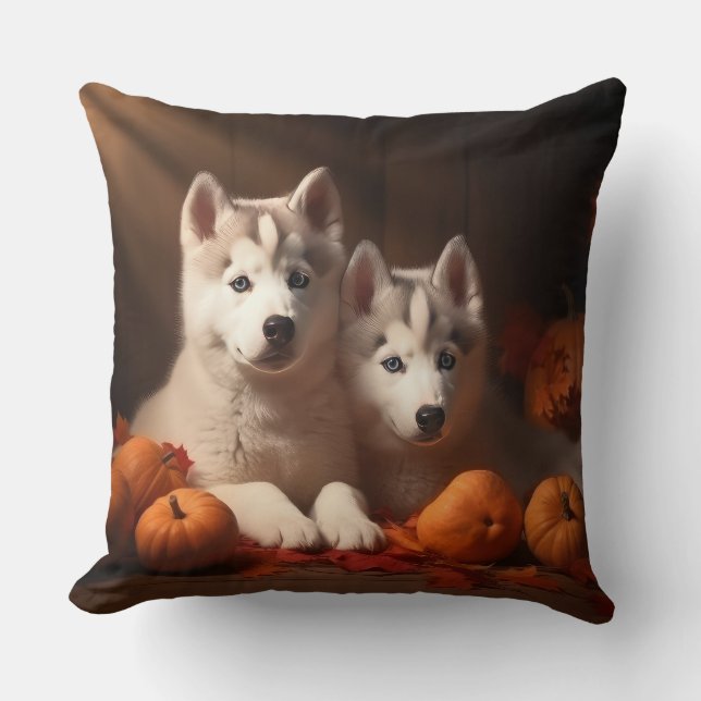 Coussin Sibérie Husky Puppy Citrouille d'automne (Recto)