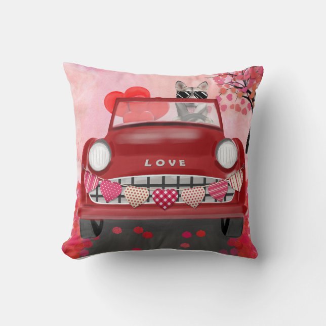 Coussin Sibérie Husky voiture avec les coeurs Valentine's (Recto)
