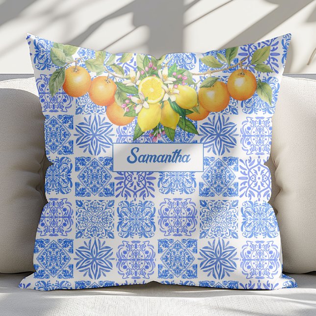 Coussin Sicilien bleu jaune citrus Méditerranée azulejo  (Créateur téléchargé)