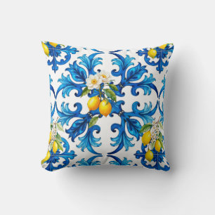 Coussin sicilien, été, citron, mosaïque, bleu, foulard,
