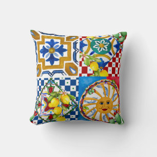 Coussin Sicilien, majolica, soleil, tuiles, citrons