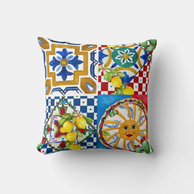 Coussin Sicilien, majolica, soleil, tuiles, citrons (Recto)