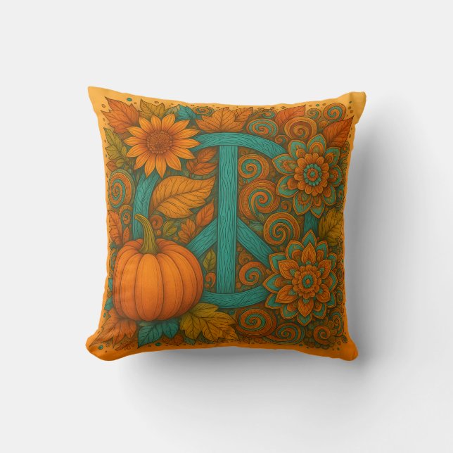 Coussin signe de paix d'automne citrouilles turquo (Recto)