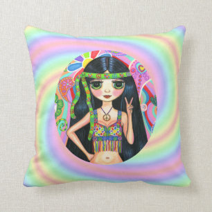 Coussin signe de paix de clignotant de fille hippie des