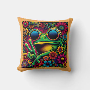 Coussin Signe de paix de la grenouille funky cool