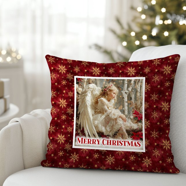 Coussin Silent Rouge et Or Ange victorien de Noël  (Silent Red and Gold Victorian Angel Christmas Pillow)