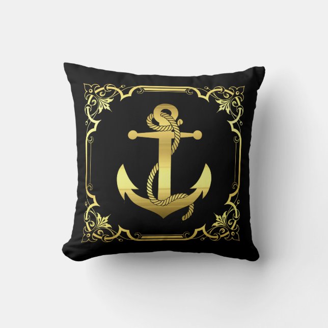 Coussin Silhouette d'ancre marine/or/carré noir (Recto)