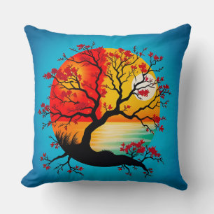 Coussin Silhouette d'arbre abstrait coloré au coucher du s