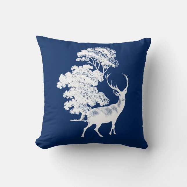 Coussin Silhouette de cerf blanc rustique sur bleu marine (Recto)