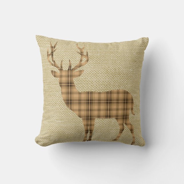 Coussin Silhouette de cerfs communs de plaid sur le beige (Recto)
