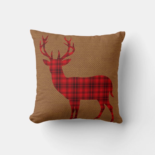 Coussin Silhouette de cerfs sur Burlap| tan rouge (Recto)