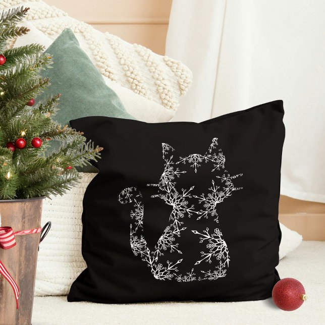 Coussin Silhouette de chat de faucille blanche (White Snowflake Cat Silhouette Throw Pillow)