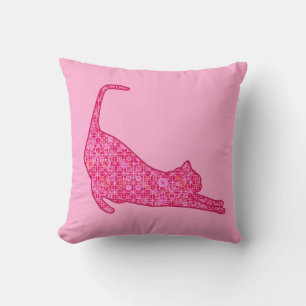 Coussin Silhouette de chat qui s'étire en batik rose fuchs
