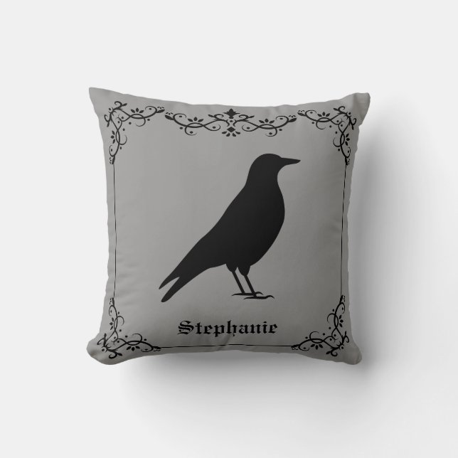 Coussin Silhouette de corbeau et volutes décoratives grise (Recto)