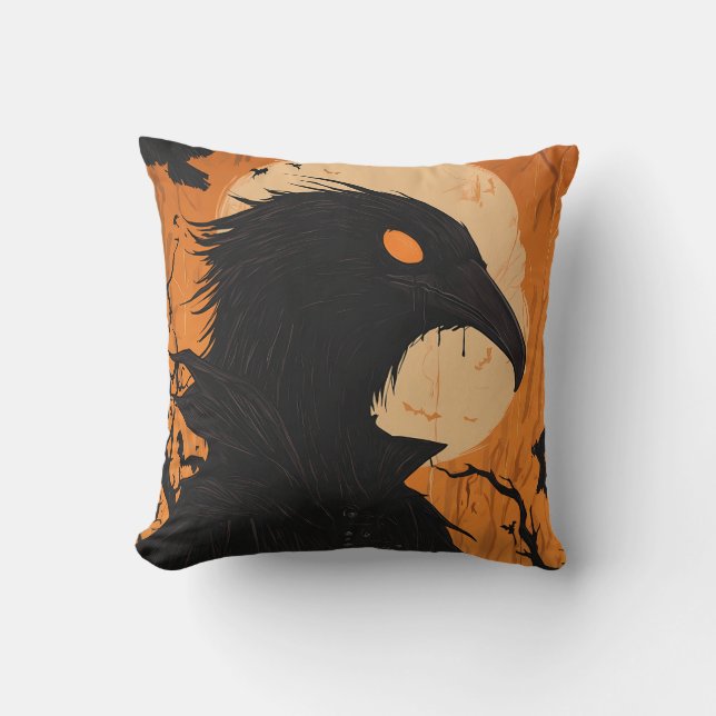 Coussin Silhouette de corbeau pleine lune noir orange Hall (Recto)