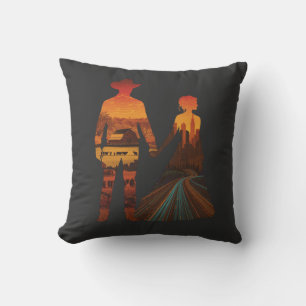Coussin Silhouette de cow-boy campagnard et de fille de la
