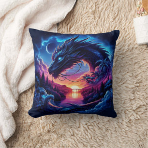 Coussin Silhouette de dragon contre un coucher de soleil v