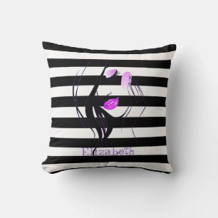 Coussin Silhouette de fille, rayures noires et blanches Pe