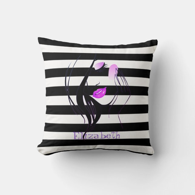 Coussin Silhouette de fille, rayures noires et blanches Pe (Recto)