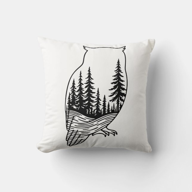 Coussin Silhouette de hibou avec scène forestière (Recto)