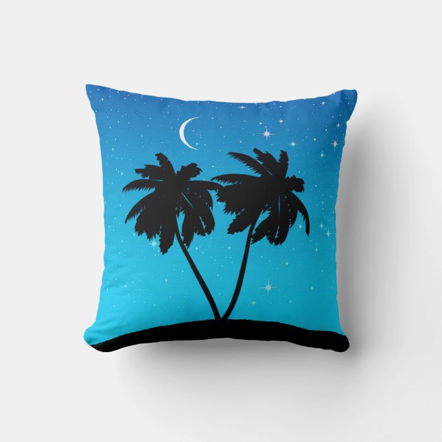 Coussin Silhouette de palmier, Bleu du soir avec étoiles (Recto)