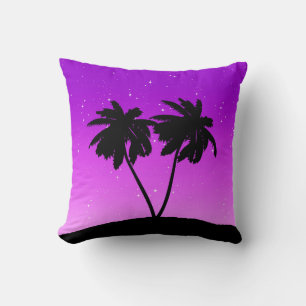 Coussin Silhouette de palmier, violet crépusculaire avec é