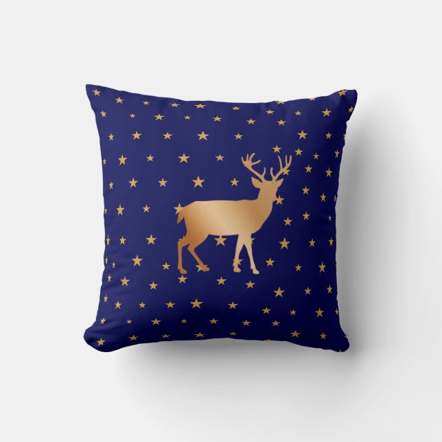 Coussin Silhouette de renne doré et étoiles sur fond bleu  (Recto)