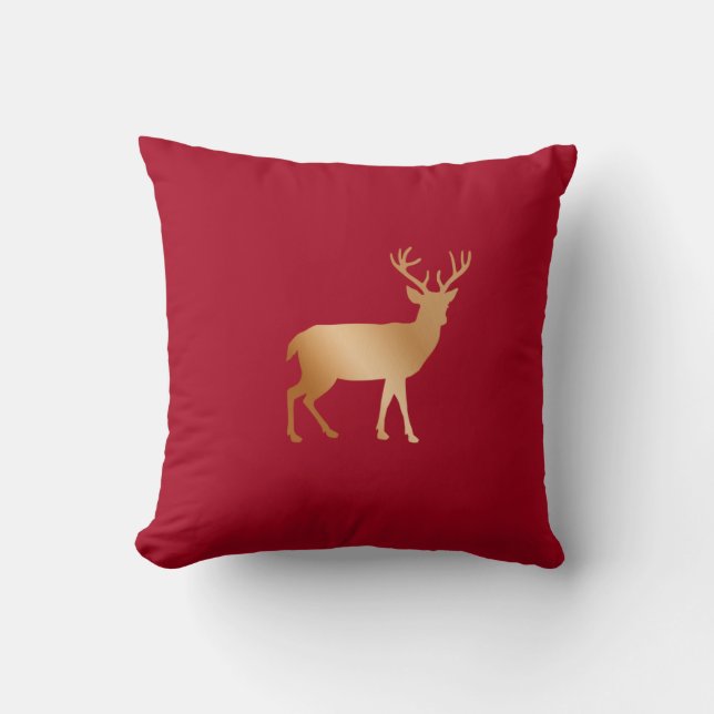 Coussin Silhouette de renne doré sur fond rouge bordeaux (Recto)