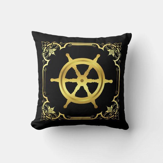 Coussin Silhouette de roue du navire marin/carré doré/noir (Recto)