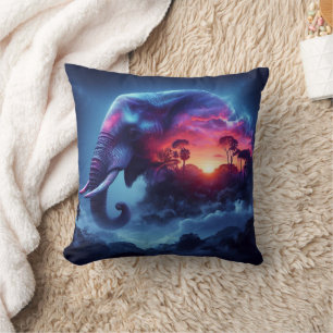 Coussin Silhouette d'éléphant fusionnée avec un coucher de