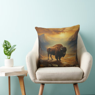 Coussin Silhouette du coucher de soleil de bison de buffle