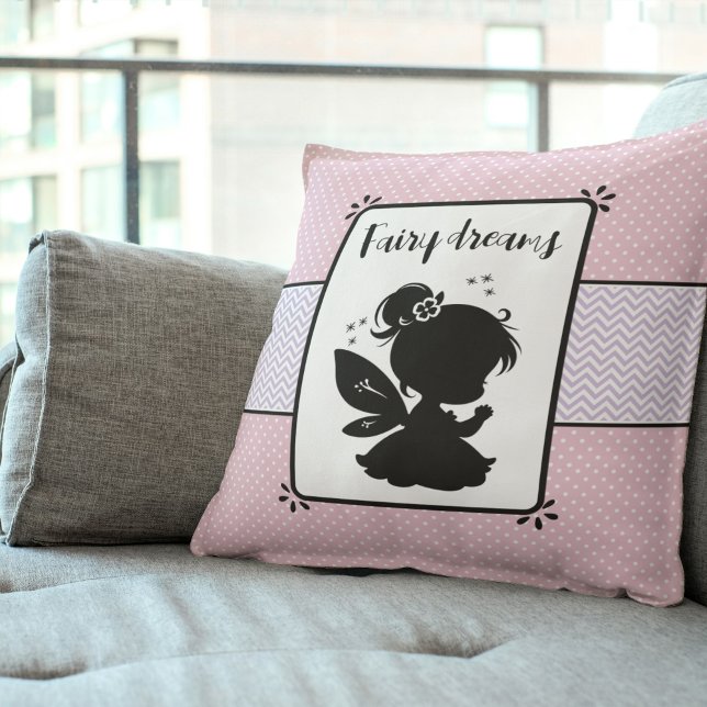 Coussin Silhouette Fée Magique : Polka Rose Dot Délice (Magical Fairy Silhouette: Pink Polka Dot Delight Throw Pillow)