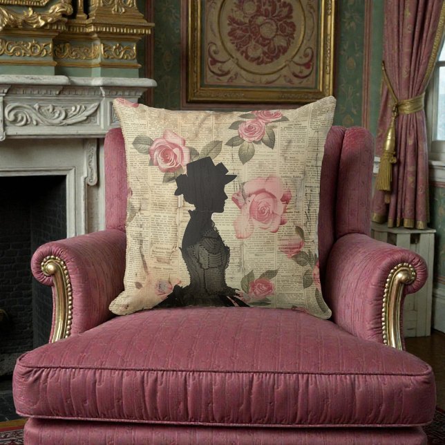 Coussin Silhouette Victorienne Ancienne avec Roses Roses (Créateur téléchargé)