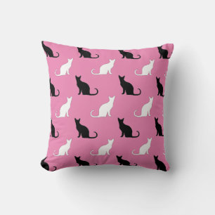 Coussin Silhouettes De Chats Noirs Et Blancs Sur Rose