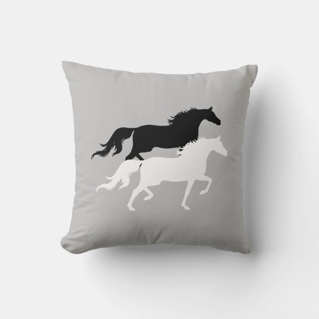 Coussin Silhouettes de cheval noir et blanc sur gris argen (Recto)