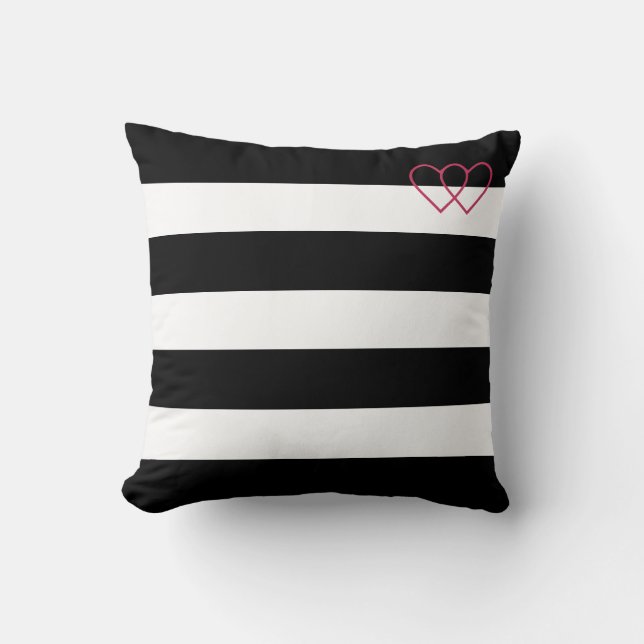 Coussin silhouettes de cœurs sur fond rayé noir et blanc (Recto)