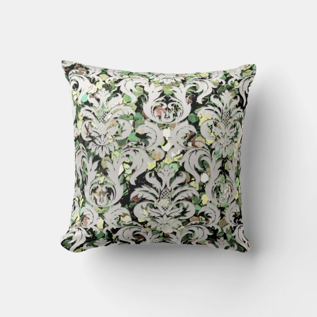 Coussin Silver Grey Metallo Damask Woodland Green Lux (Recto)