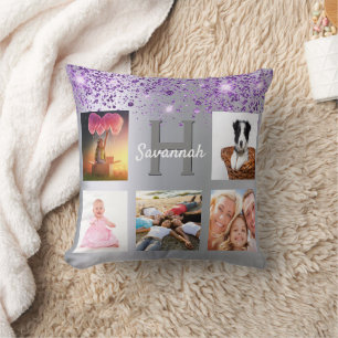 Coussin Silver purple glitter photo collage name