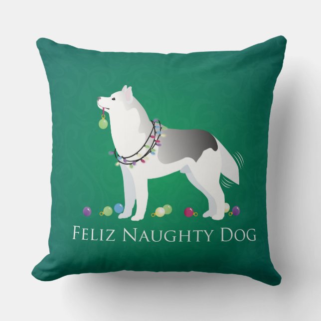 Coussin Silver Siberian Husky Feliz Naughty Chien Noël (Recto)