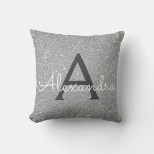 Coussin Silver Sparkle Glitter Monogram Name & Initial