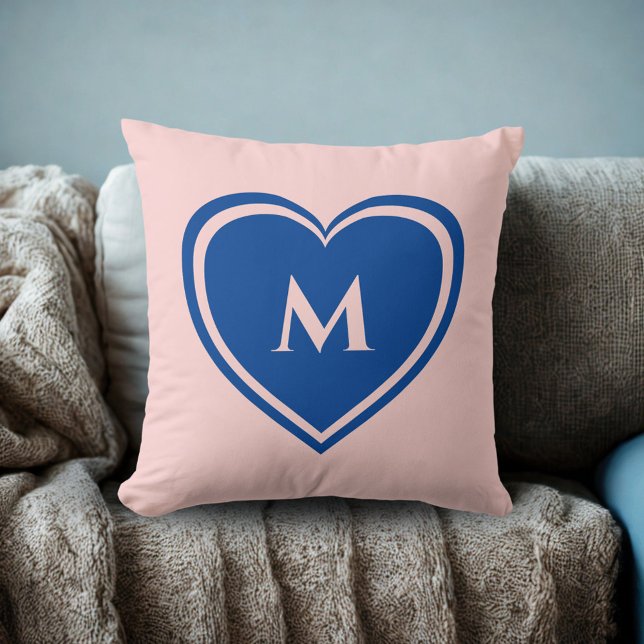 Coussin Simple bleu rose Coeur Monogramme Saint Valentin (Créateur téléchargé)
