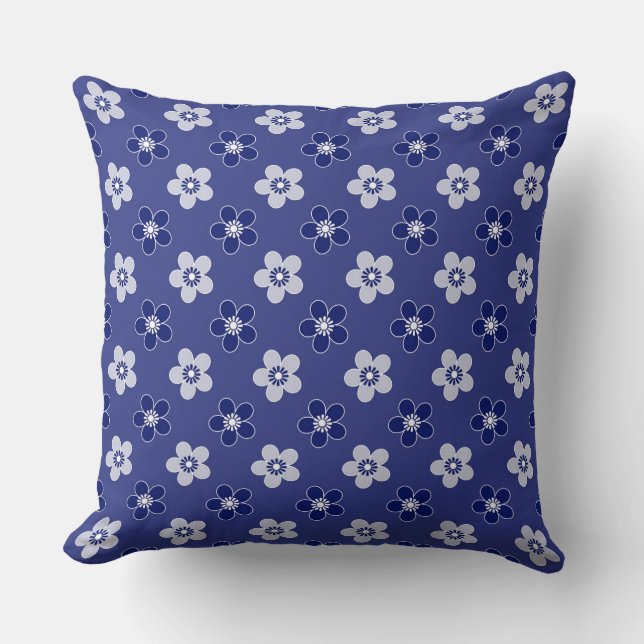 Coussin simple floral solide bleu motif rétro petit flowe (Recto)