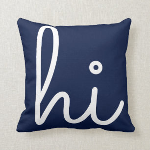 Coussin Simple Hi Hello Style Script Bleu Marine Blanc