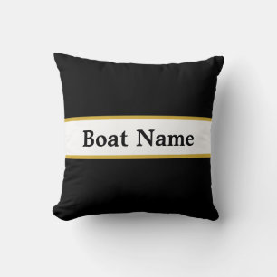 Coussin Simple noir blanc et or avec nom de bateau
