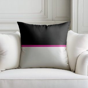 Coussin simple noir et blanc avec bande rose chaud