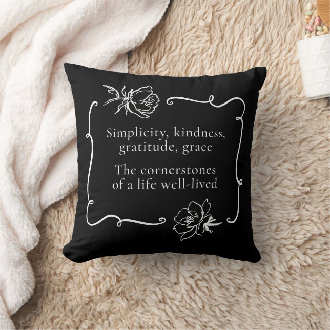 Coussin Simplicité, Gentillesse, Gratitude, Grâce Black (Couverture)