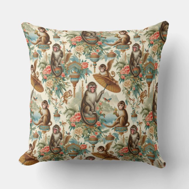 Coussin Singes de la Chinoiserie Tropicale (Recto)